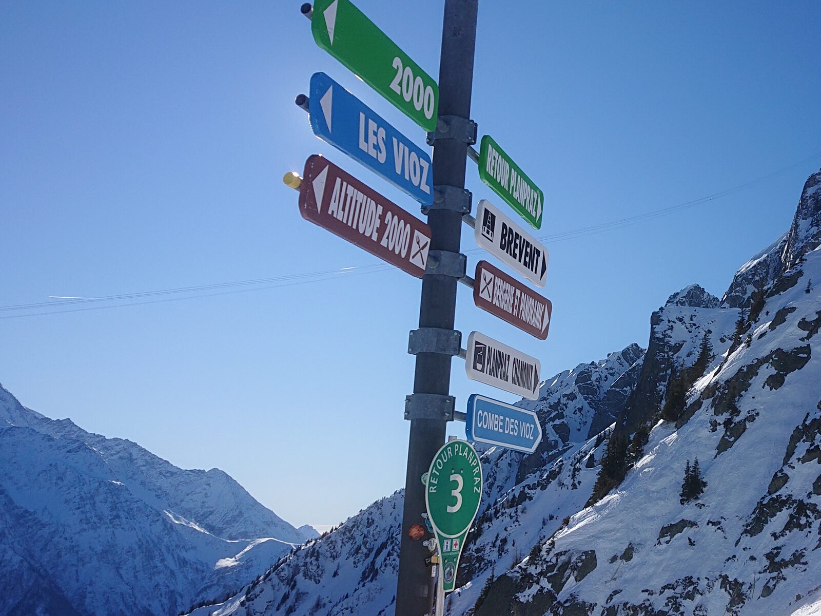 Alpine trail signpost pointing the way toward mountain summits